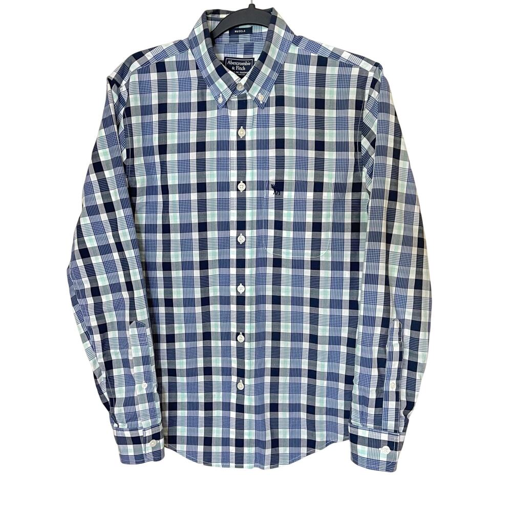 Abercrombie & Fitch Men Muscle Fit Blue Plaid Button Down Small Moose Logo